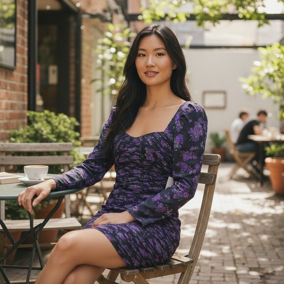 AMUR Size 2 Mini Long Sleeve Dress Purple and Black Floral - Picture 1 of 9